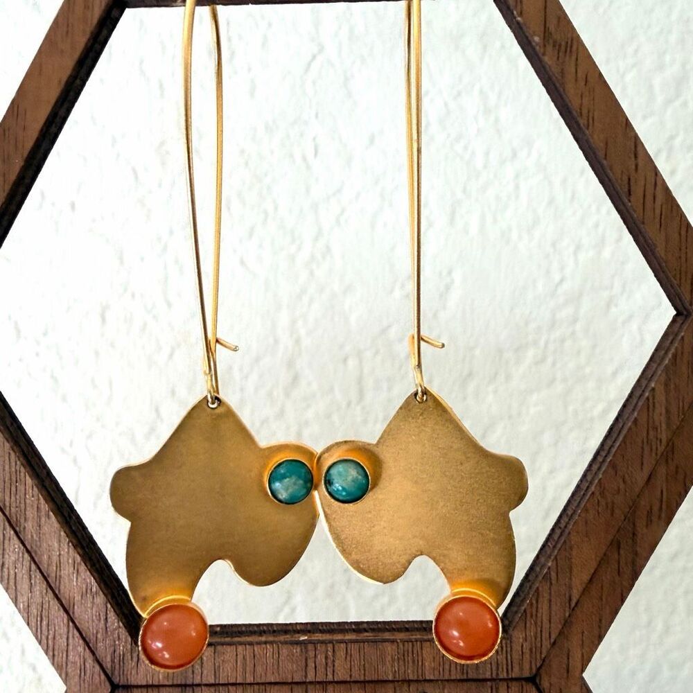 Gale Rothstein Modernist Abstract Drop Earrings Gold Tone Carnelian Blue Stone S